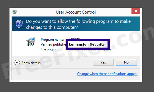 Screenshot where Lumension Security appears as the verified publisher in the UAC dialog